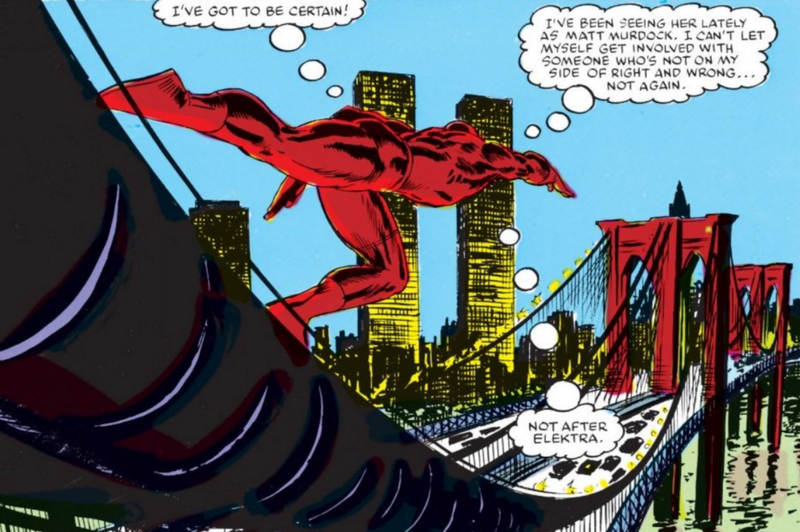 A beautiful panel where Daredevil races across the Brooklyn Bridge
